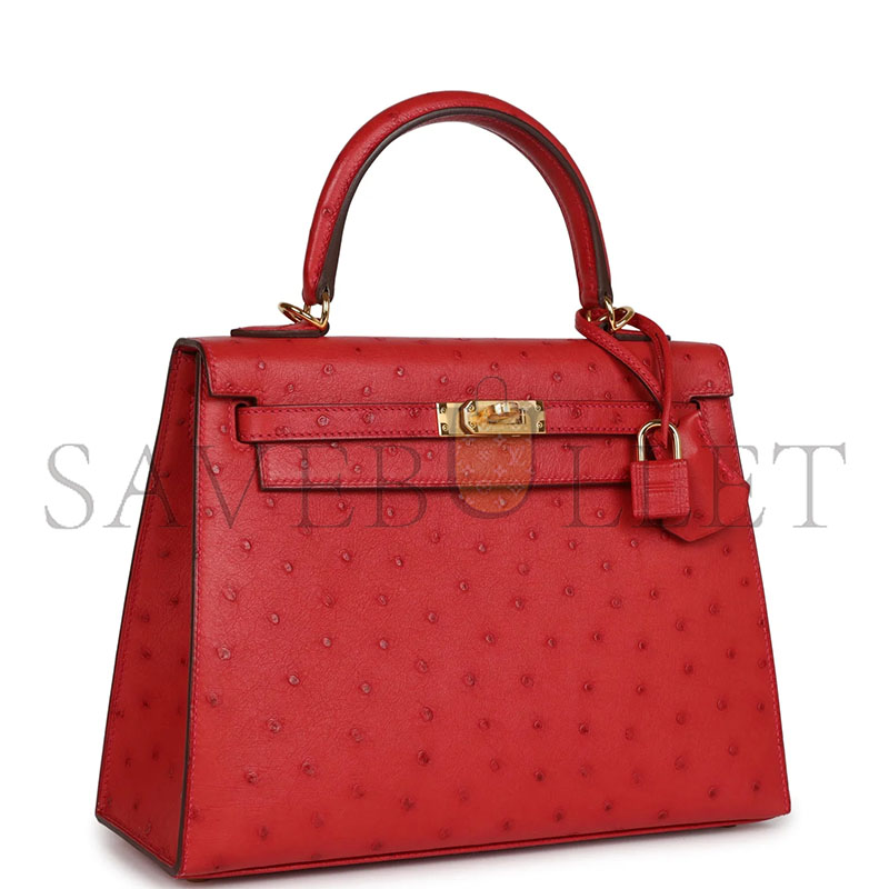 H**mes master kelly sellier 28 rouge vif verso ostrich gold hardware (28*22*10cm)